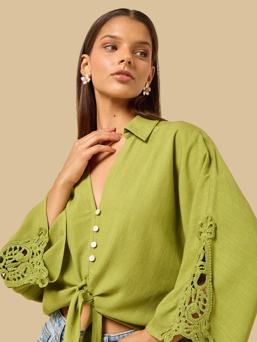 Linen Blend Top with Tie-Up Detail