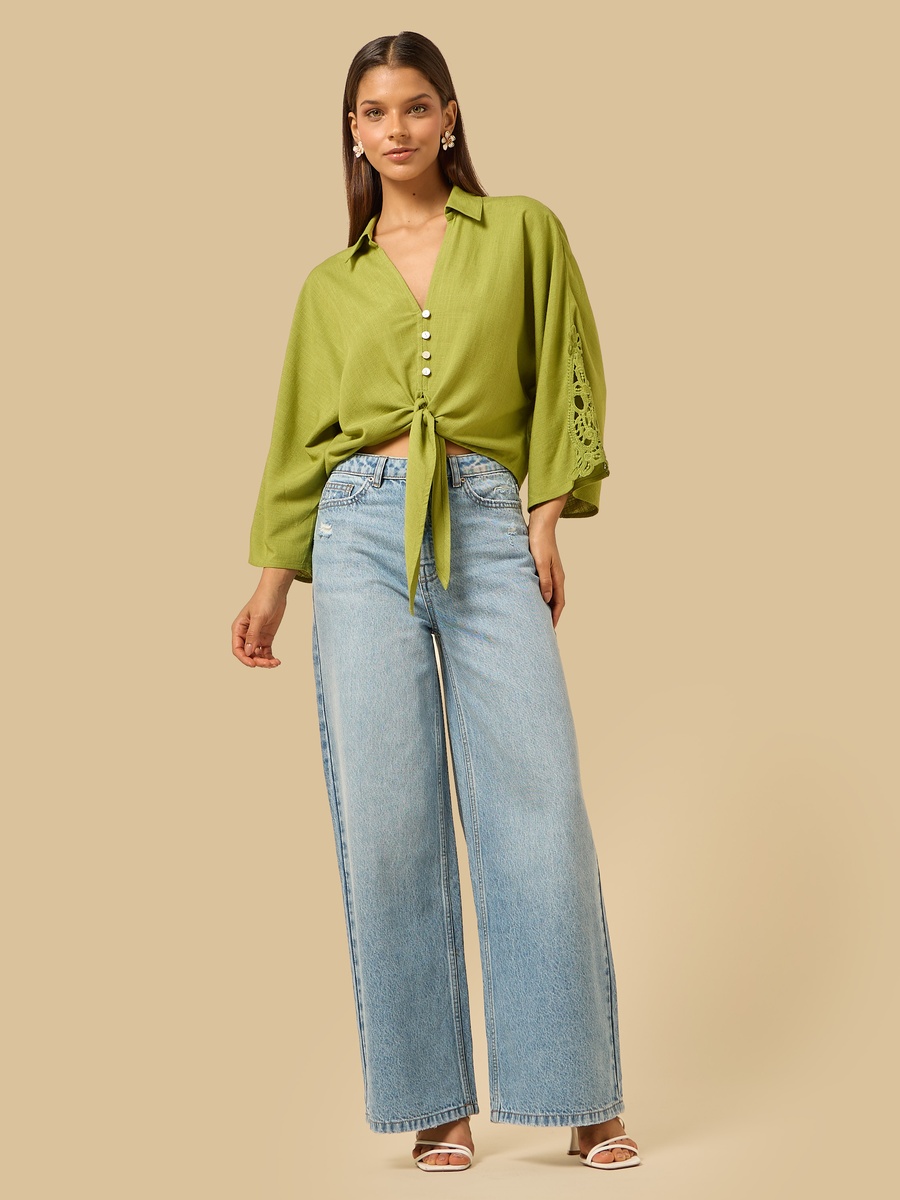Linen Blend Top with Tie-Up Detail
