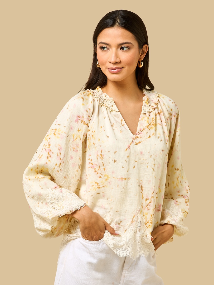 Printed V Neck Top with Lace Detail