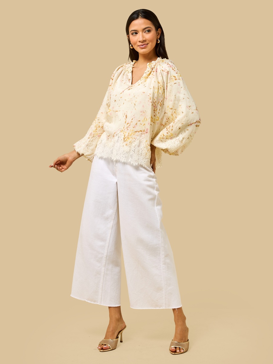Printed V Neck Top with Lace Detail