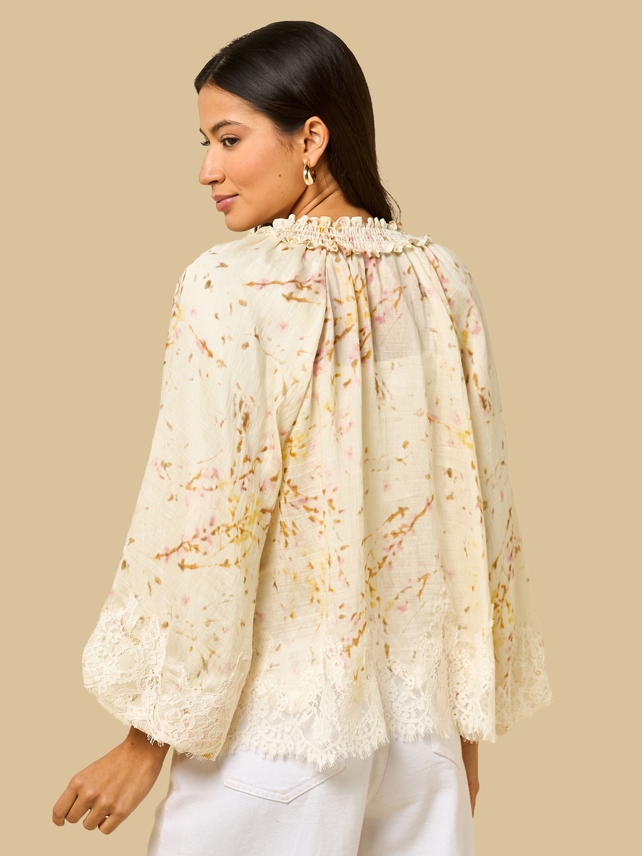 Printed V Neck Top with Lace Detail