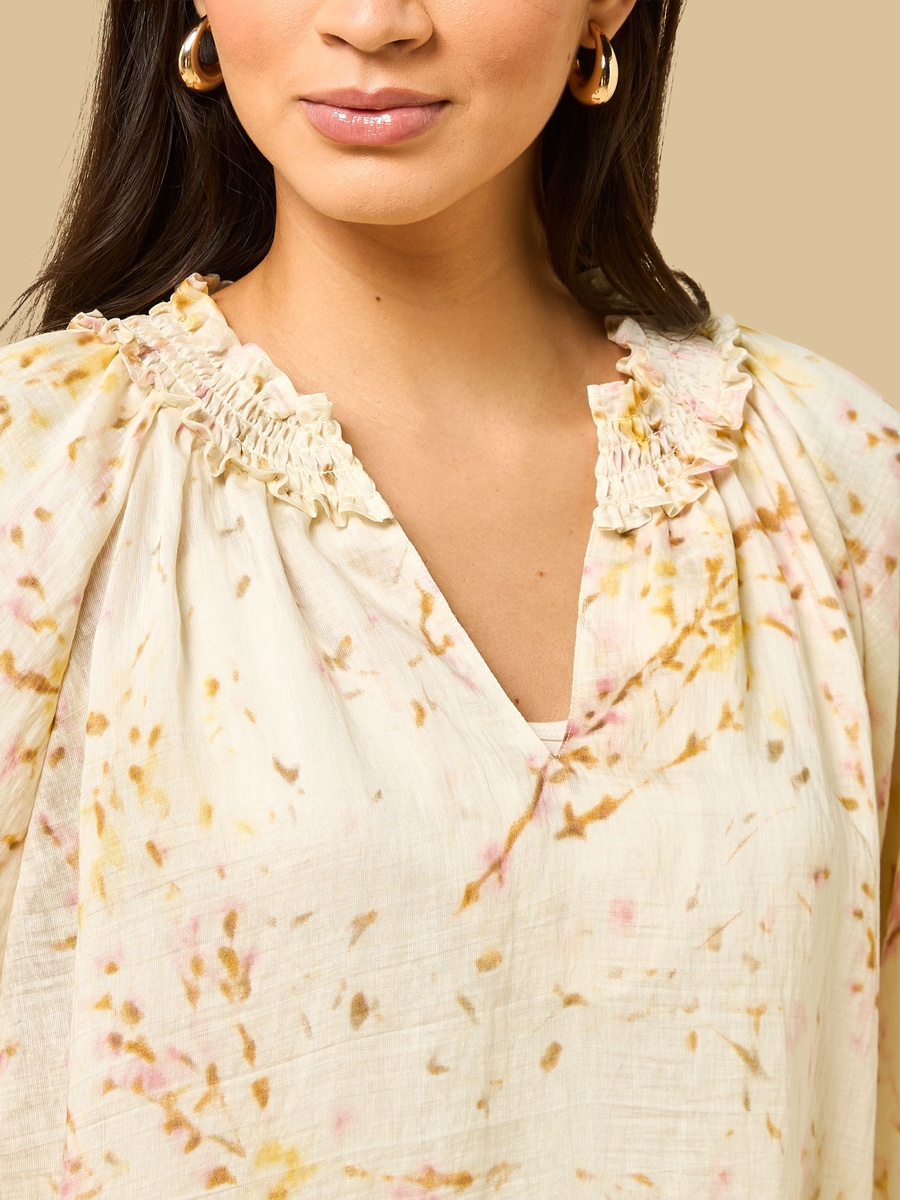 Printed V Neck Top with Lace Detail