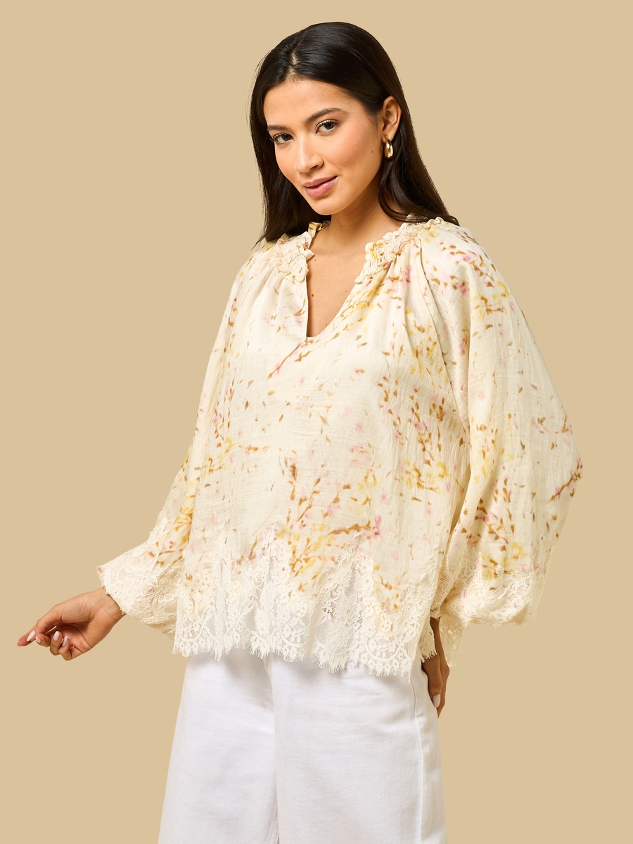Printed V Neck Top with Lace Detail