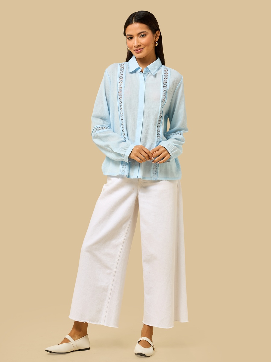 Lace Insert Linen Blend Oversized Shirt