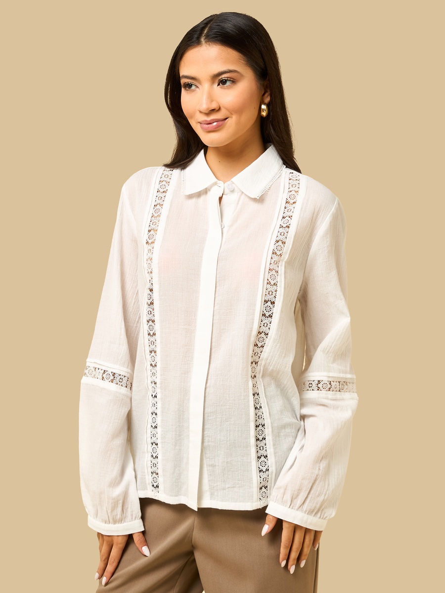 Lace Insert Linen Blend Oversized Shirt