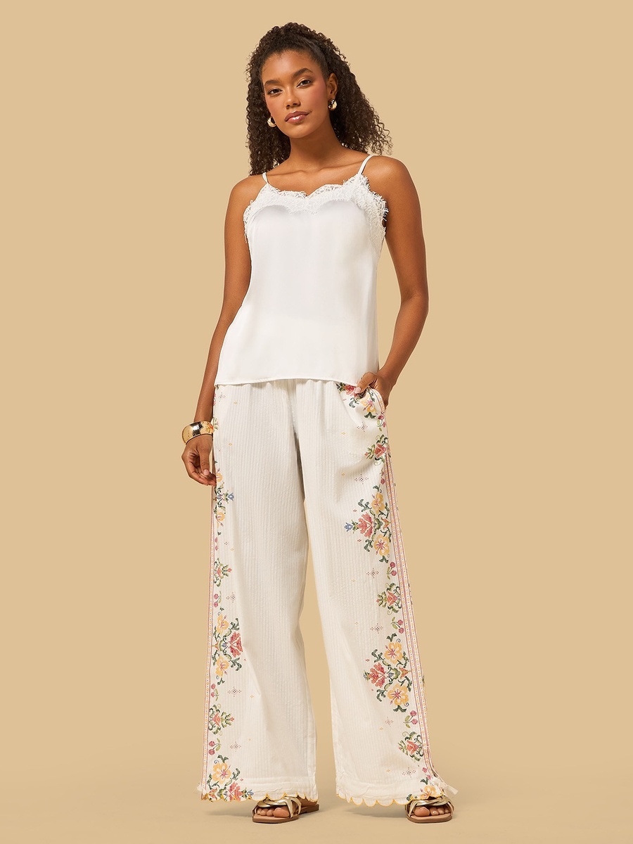 Floral Print Wide Leg Pants with Scalloped Hem