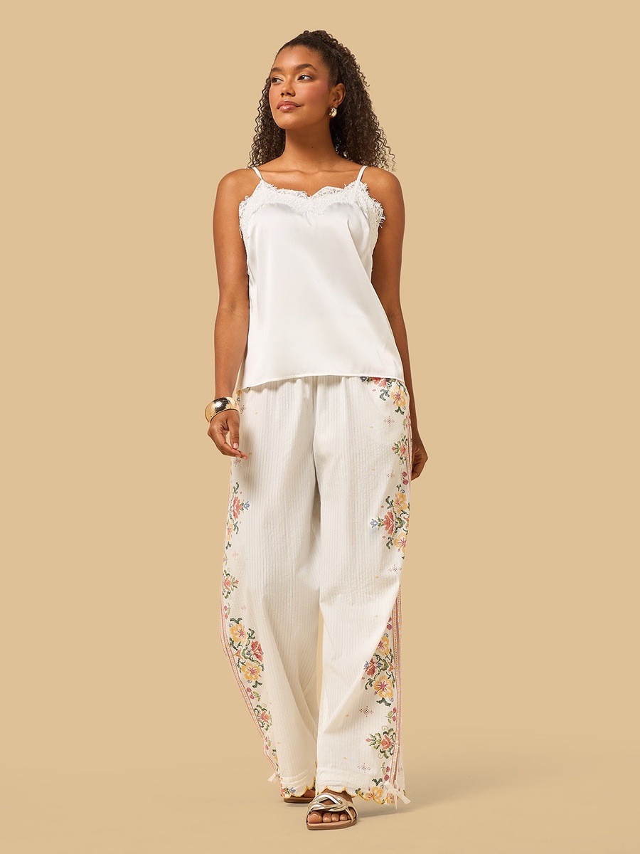 Floral Print Wide Leg Pants with Scalloped Hem