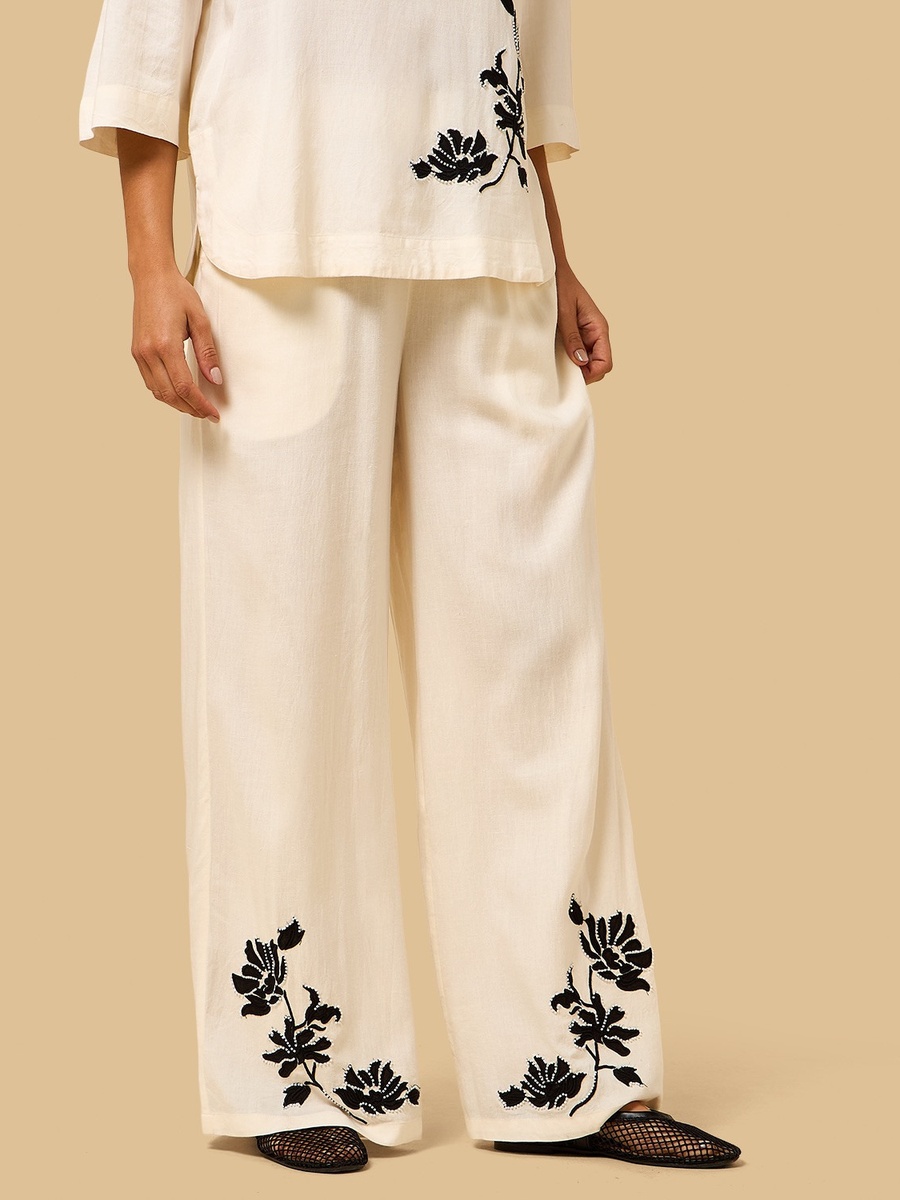 Embellished Linen Blend Wide Leg Pants
