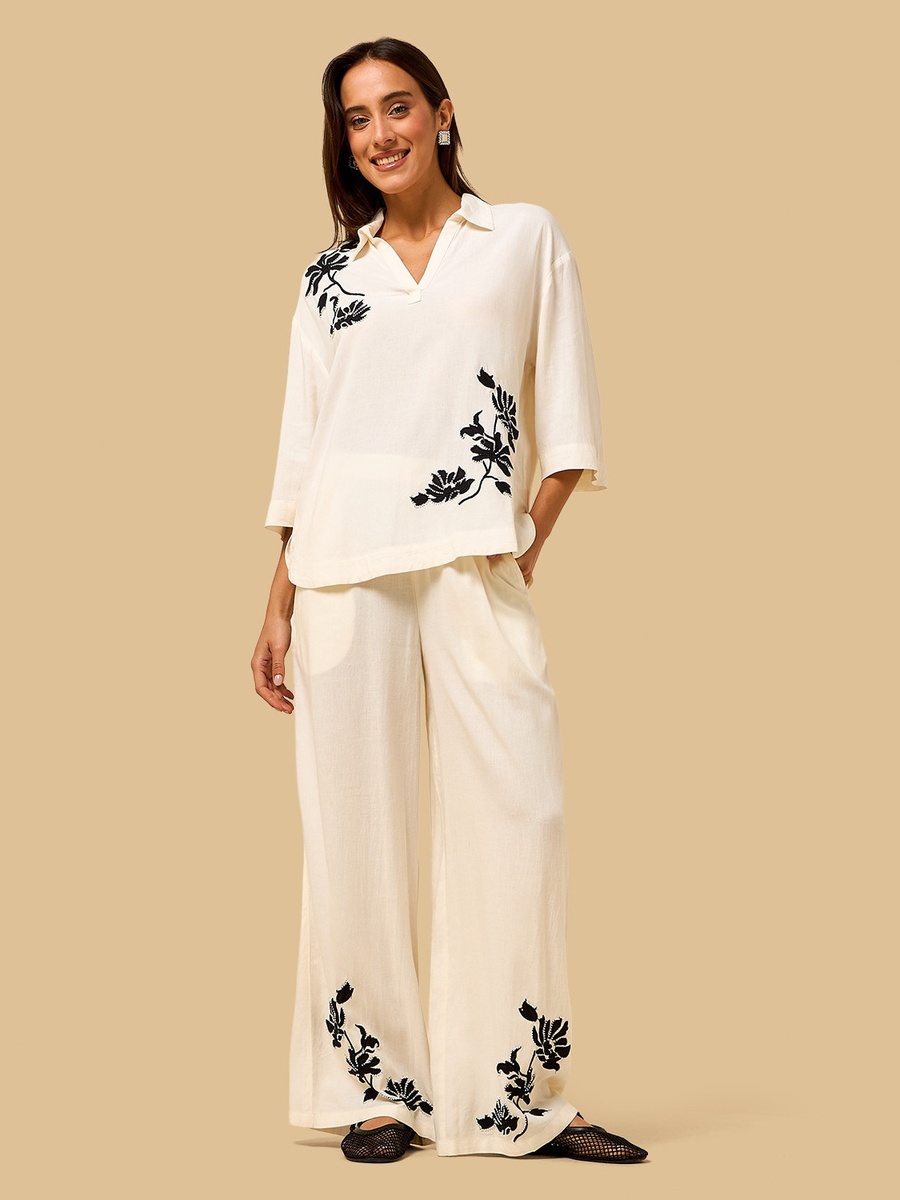 Embellished Linen Blend Wide Leg Pants