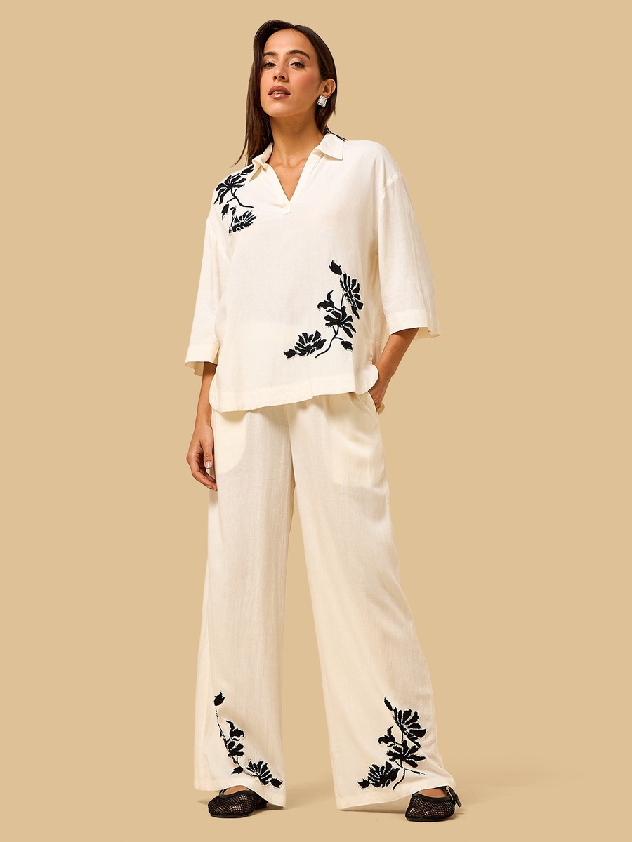 Embellished Linen Blend Wide Leg Pants