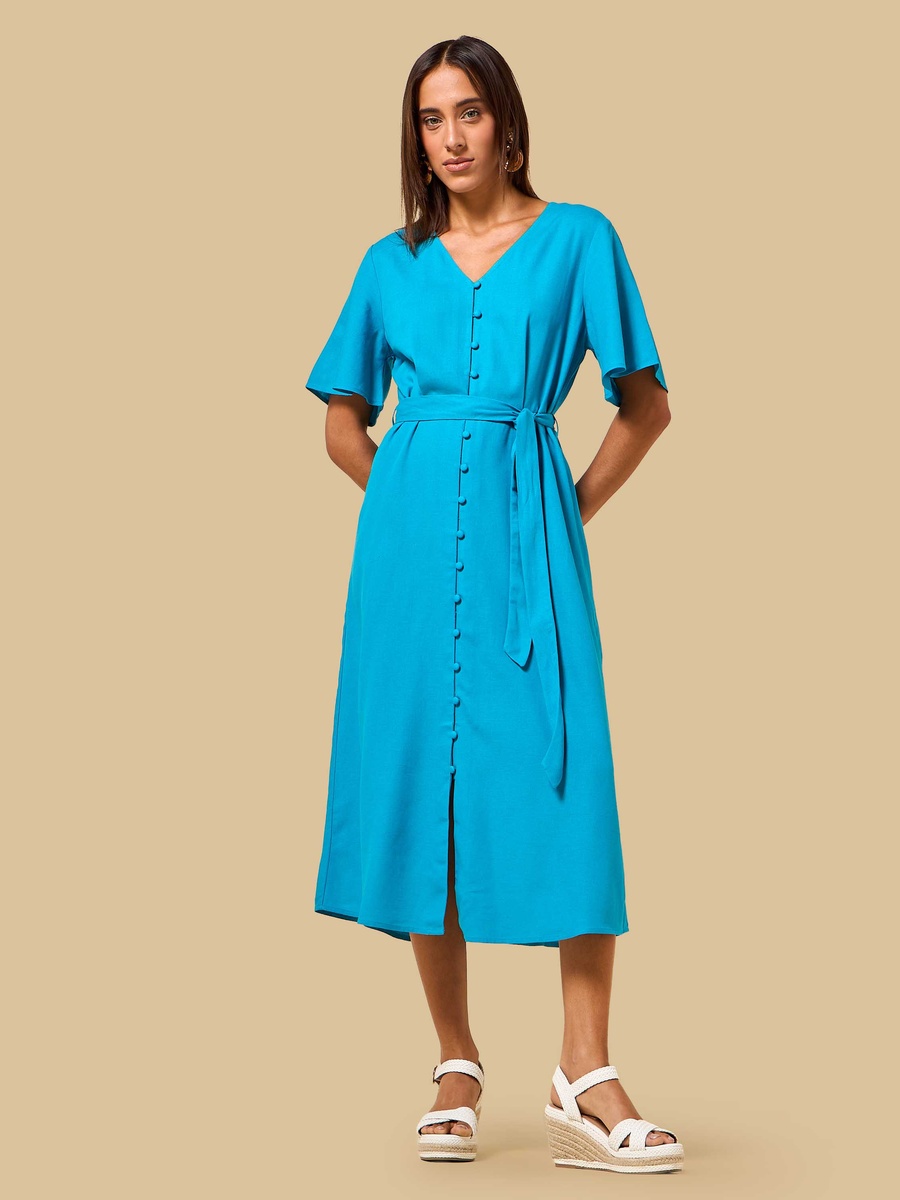 Linen Blend Dress with Angel Sleeves