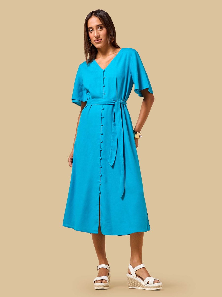 Linen Blend Dress with Angel Sleeves