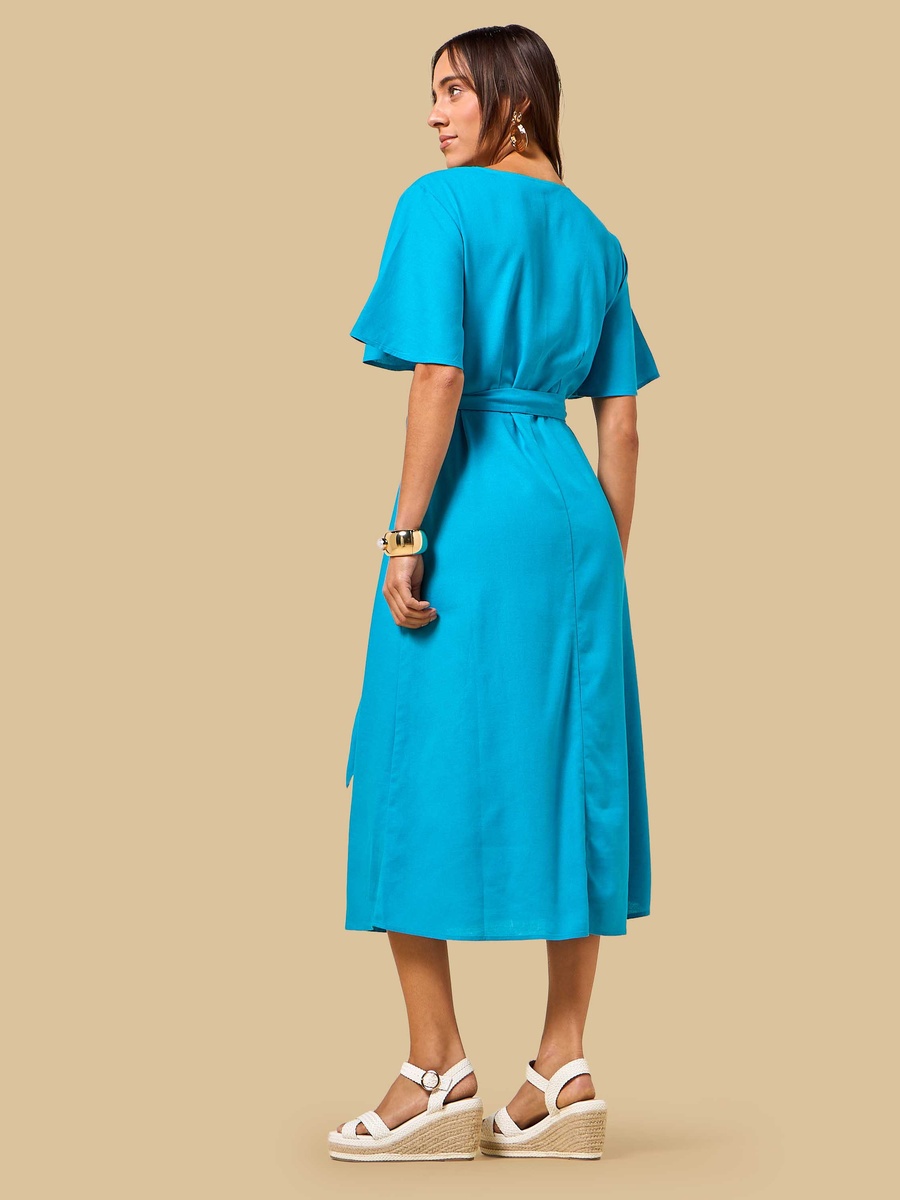 Linen Blend Dress with Angel Sleeves