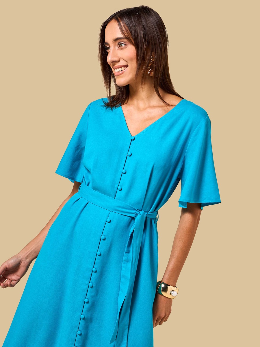 Linen Blend Dress with Angel Sleeves
