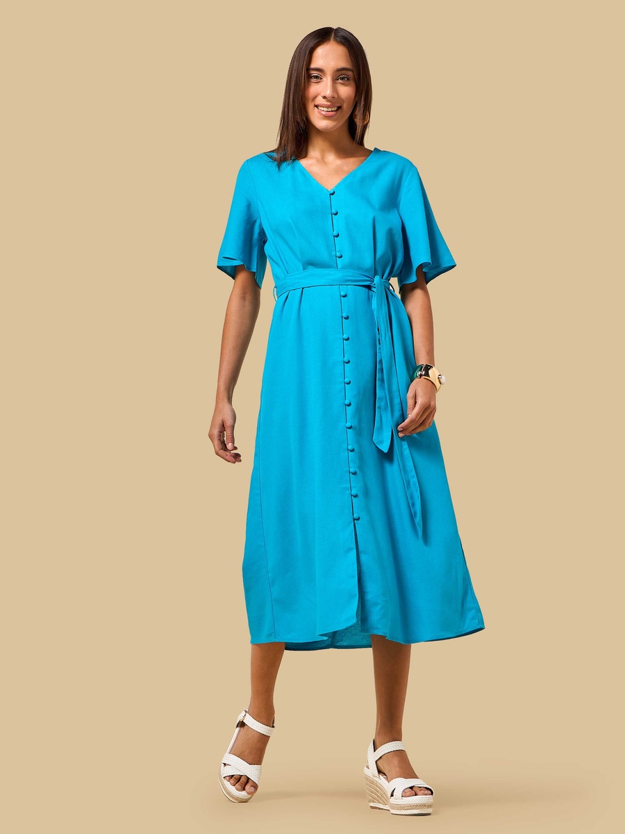 Linen Blend Dress with Angel Sleeves