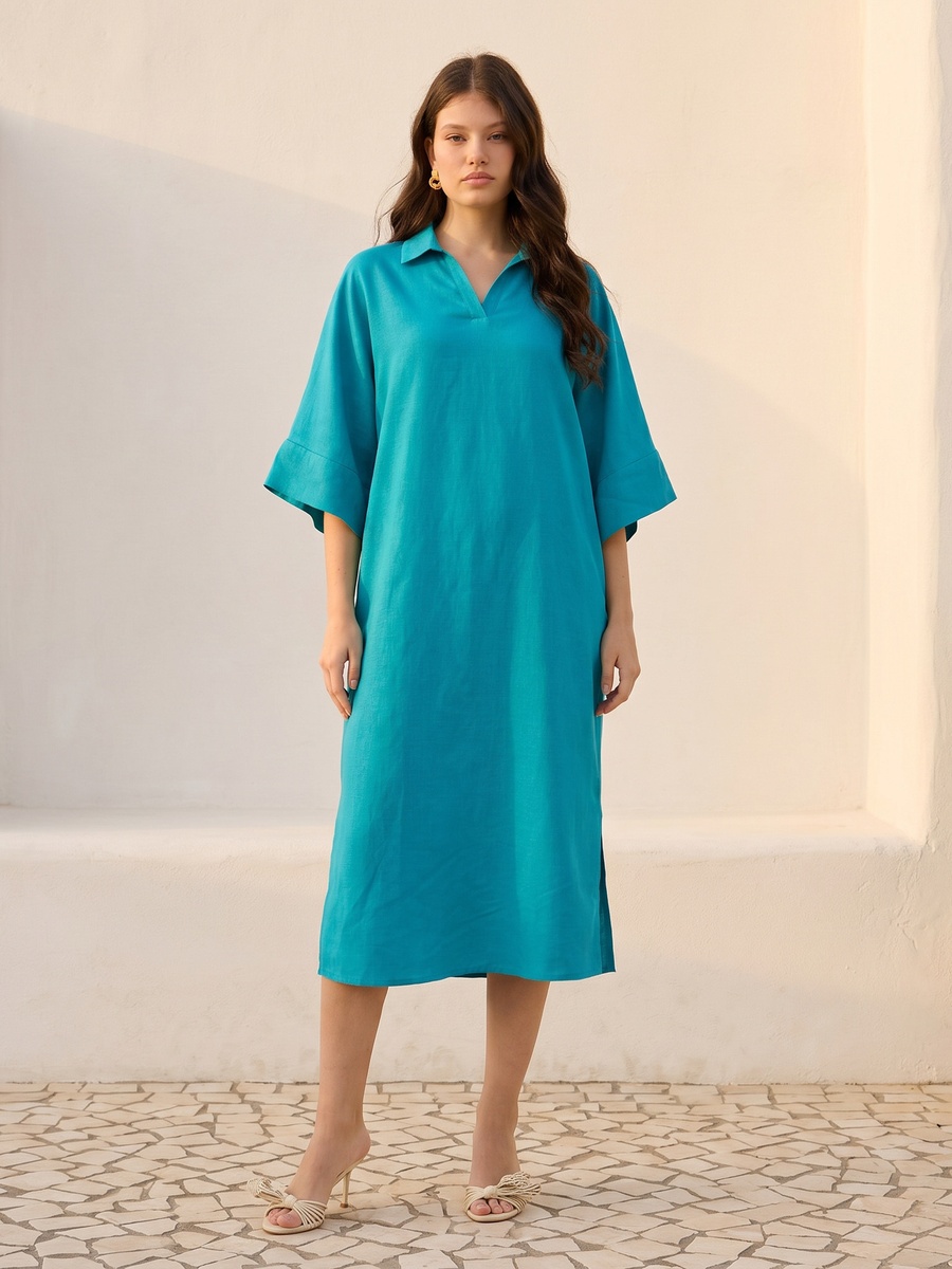 Collared Linen Blend Kaftan Dress