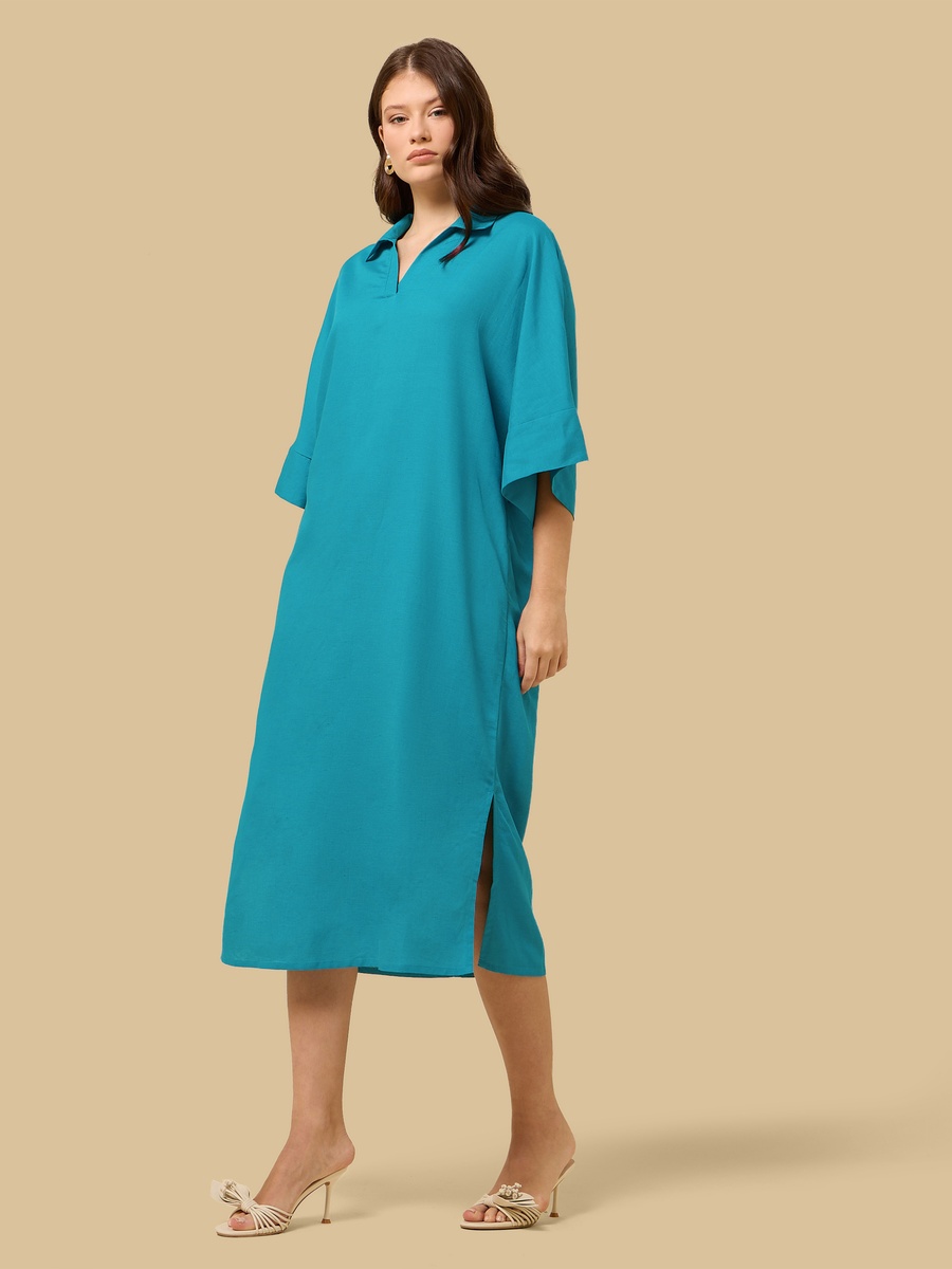 Collared Linen Blend Kaftan Dress
