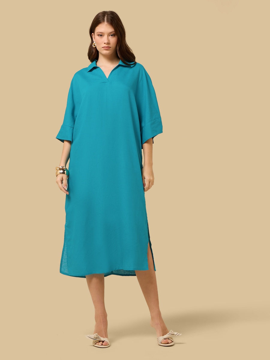 Collared Linen Blend Kaftan Dress