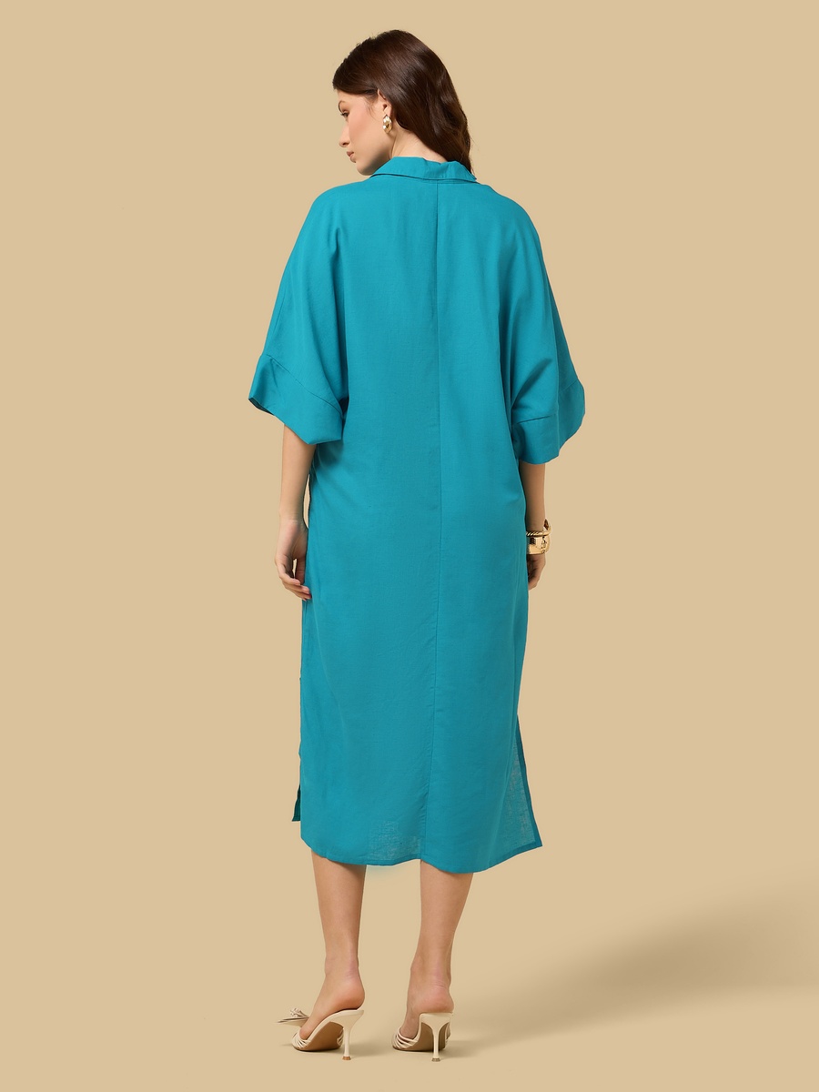 Collared Linen Blend Kaftan Dress