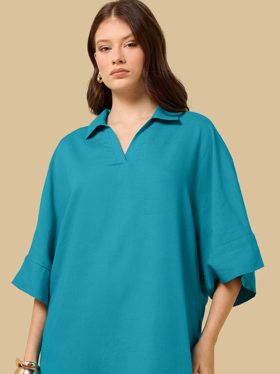 Collared Linen Blend Kaftan Dress