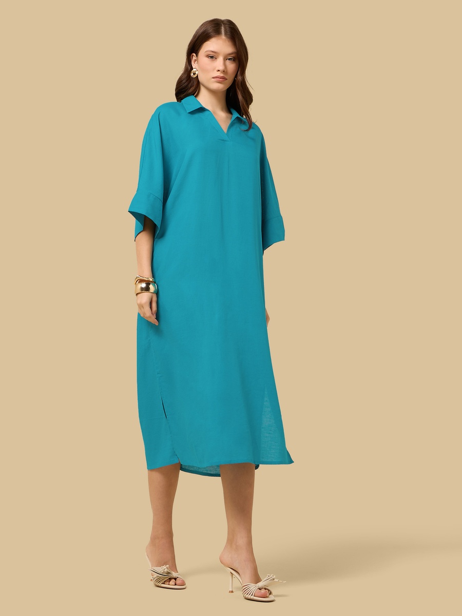 Collared Linen Blend Kaftan Dress