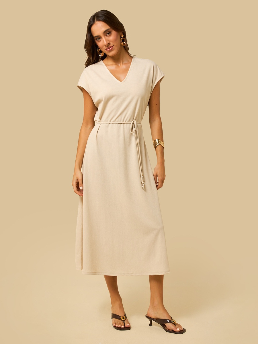 V Neck Belted Midi Dress