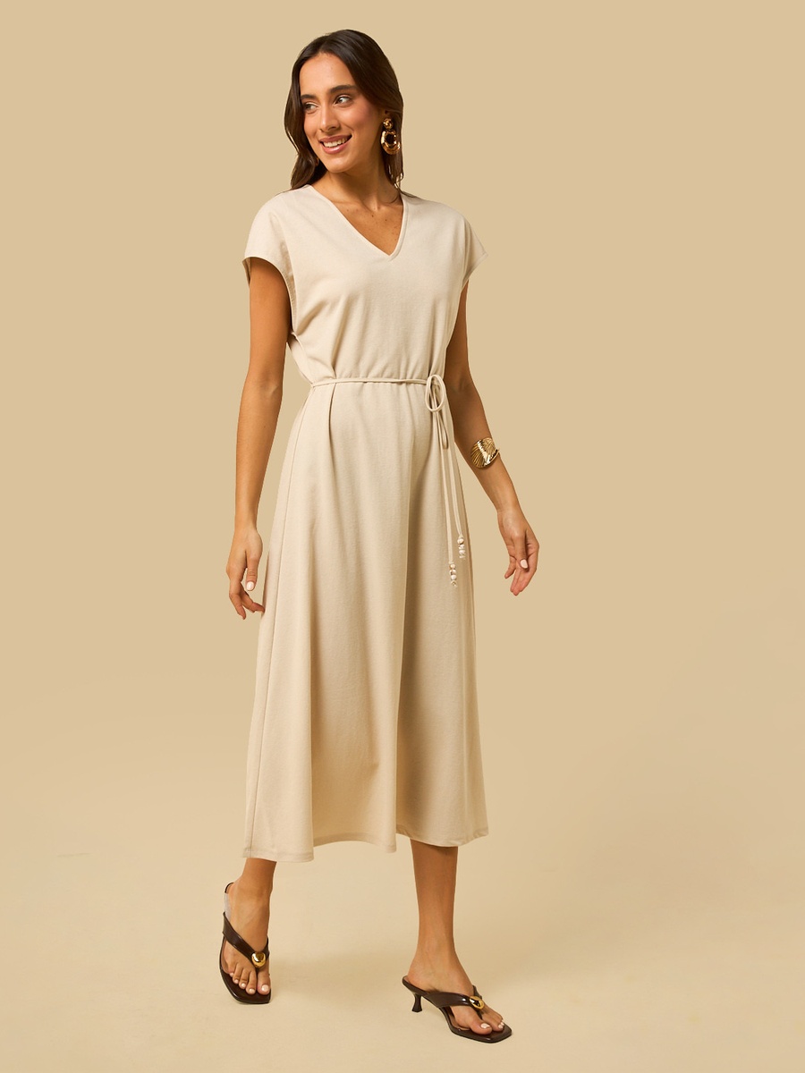 V Neck Belted Midi Dress