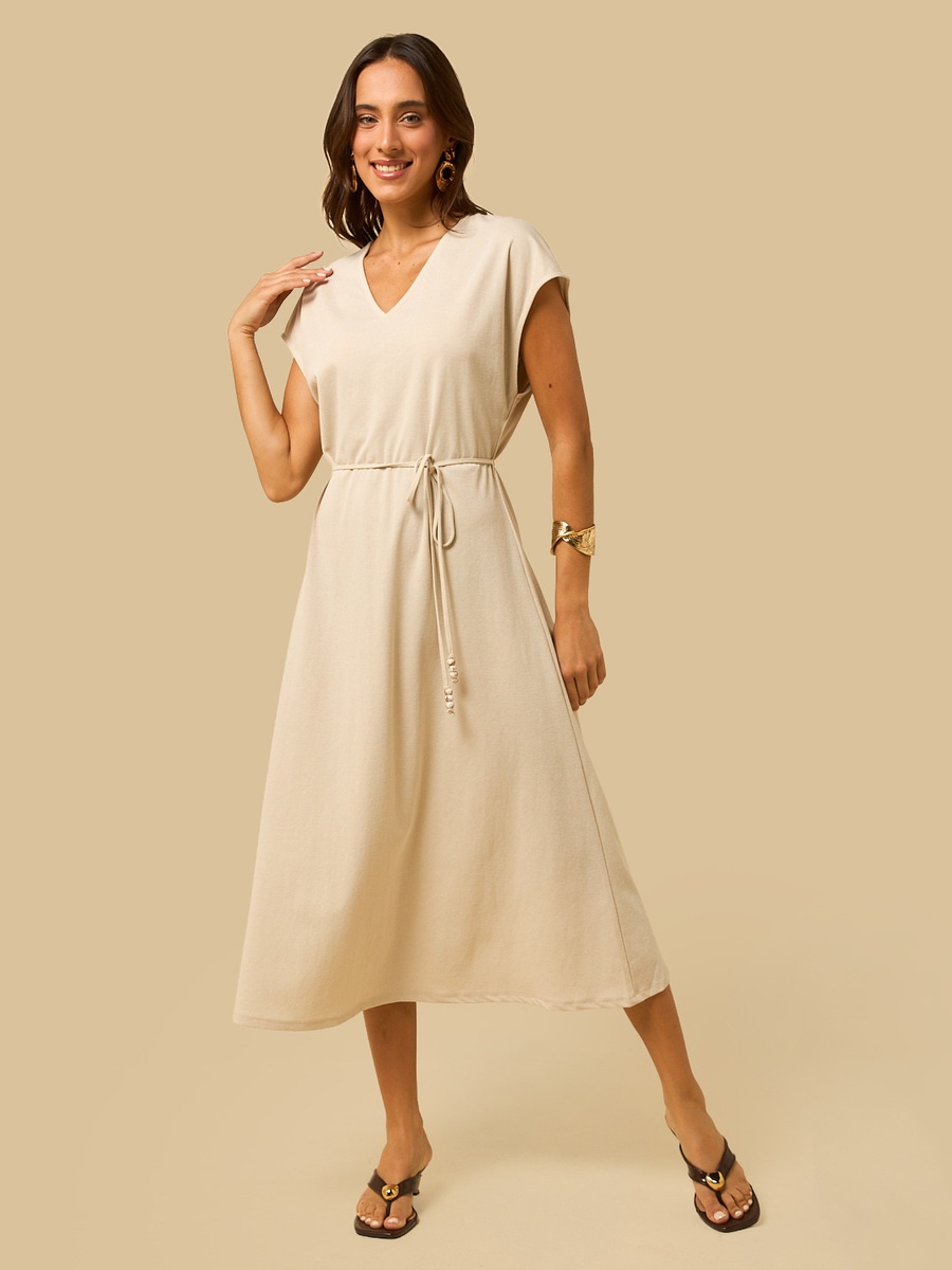 V Neck Belted Midi Dress