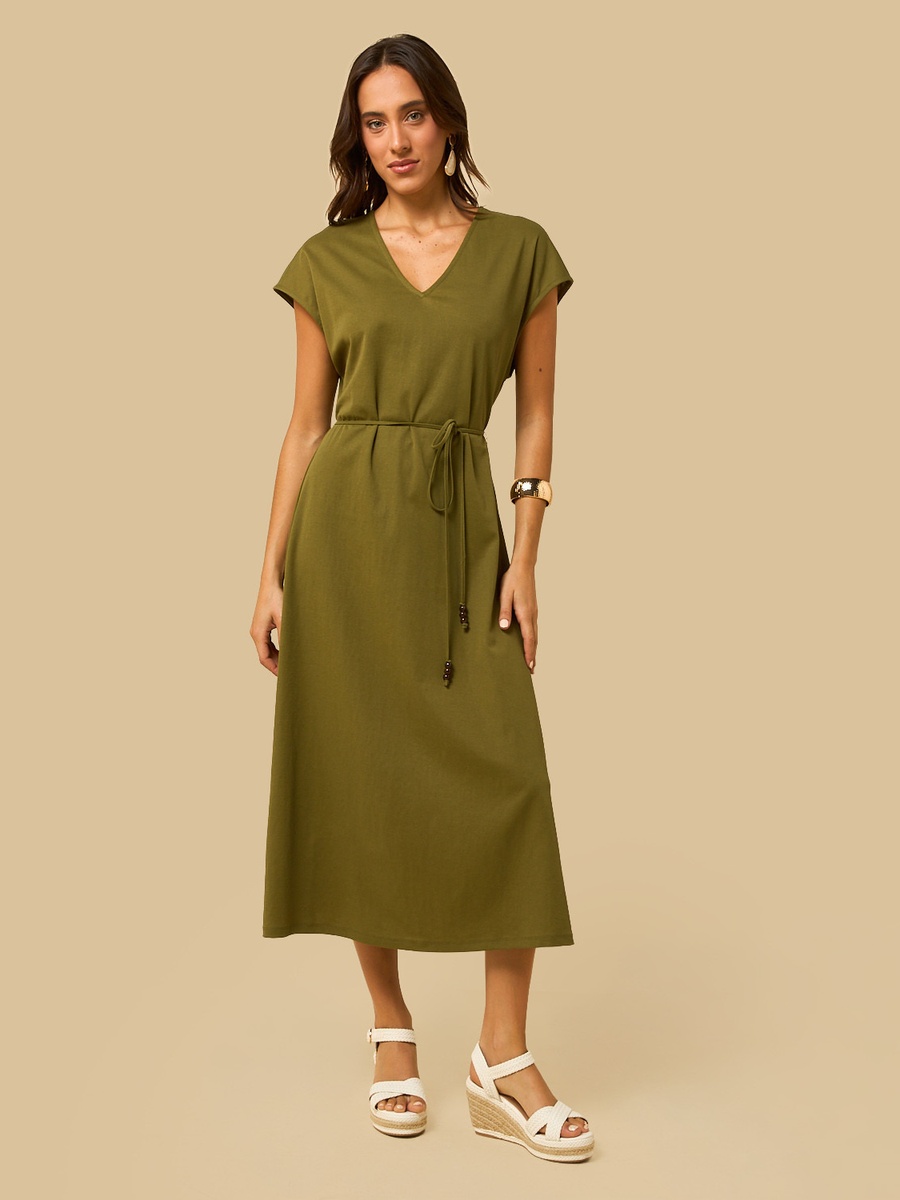 V Neck Belted Midi Dress