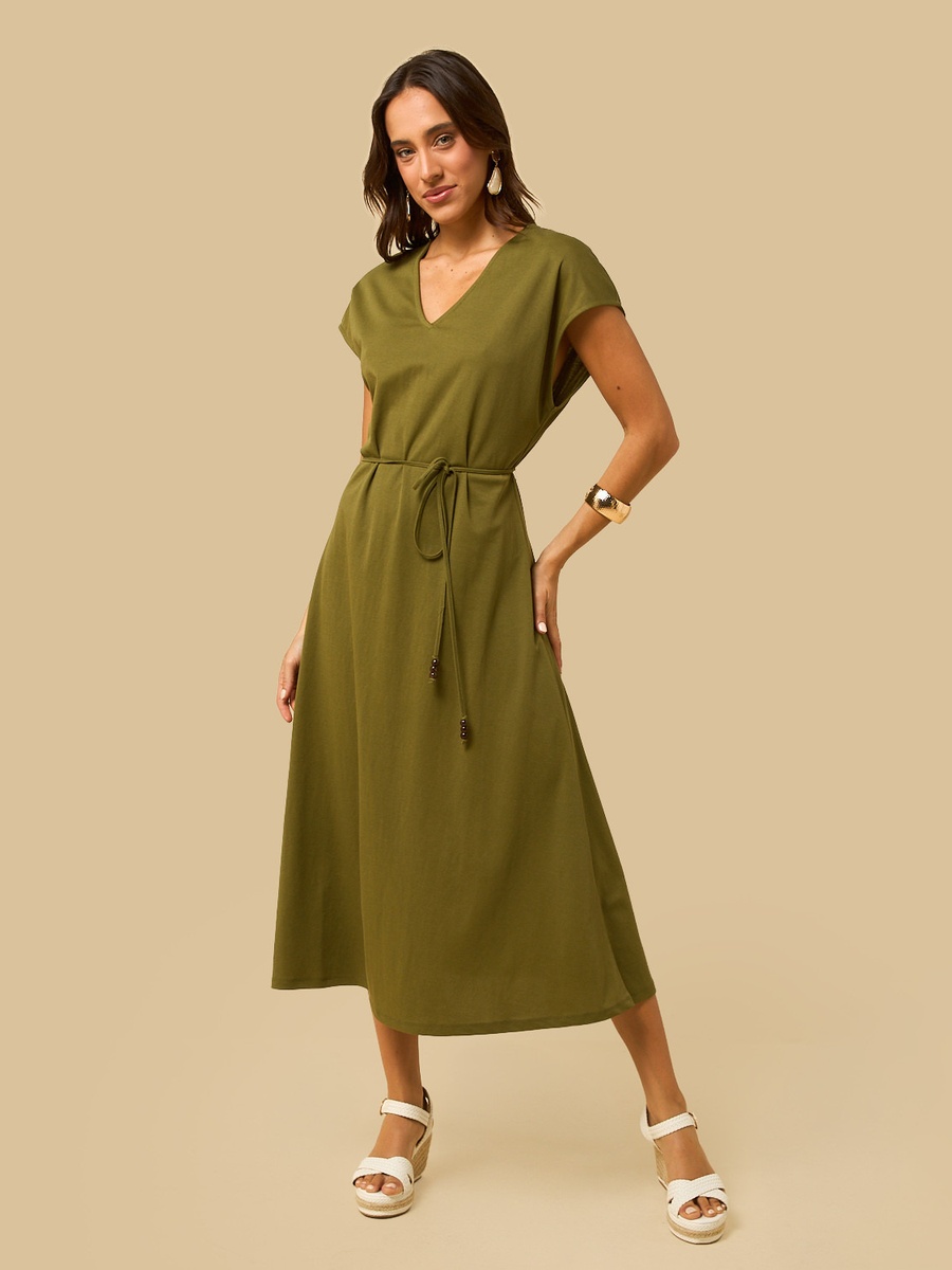 V Neck Belted Midi Dress