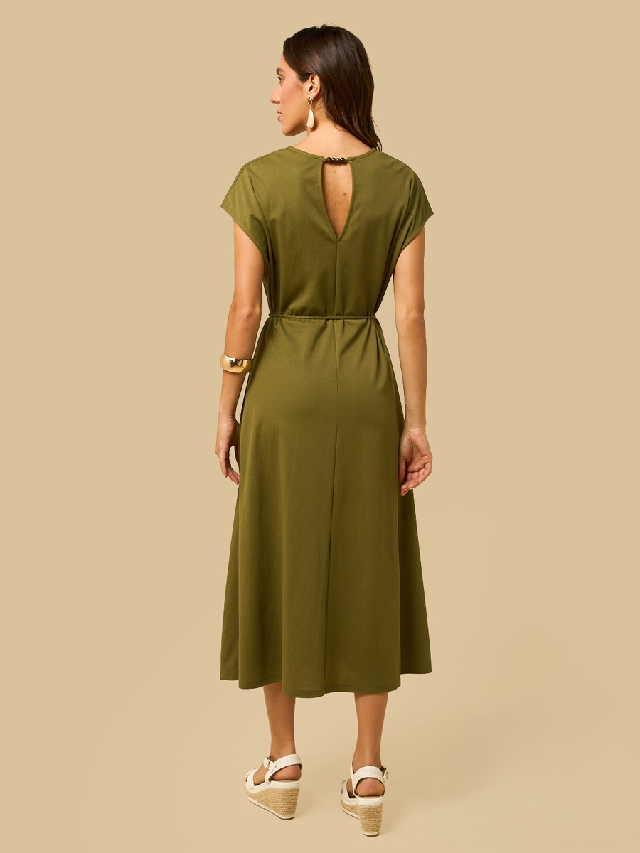V Neck Belted Midi Dress