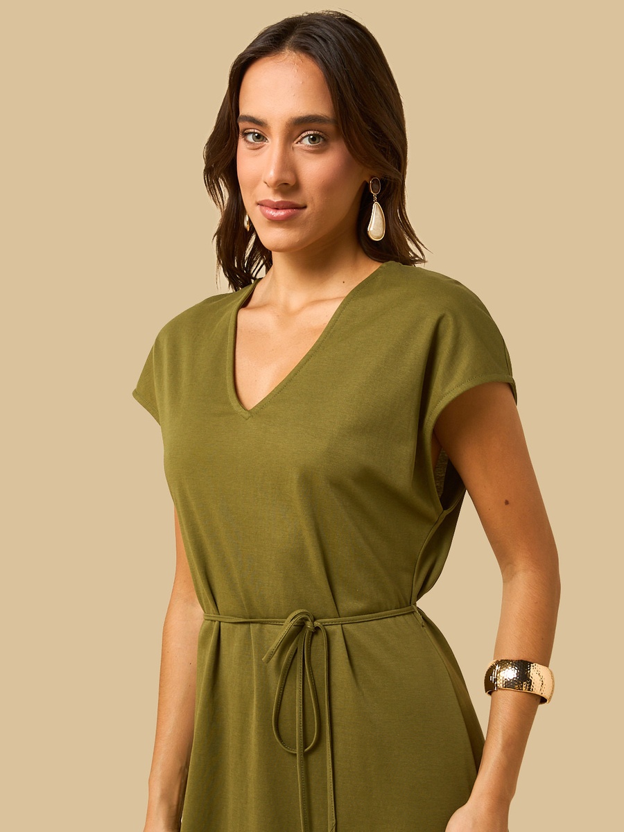 V Neck Belted Midi Dress