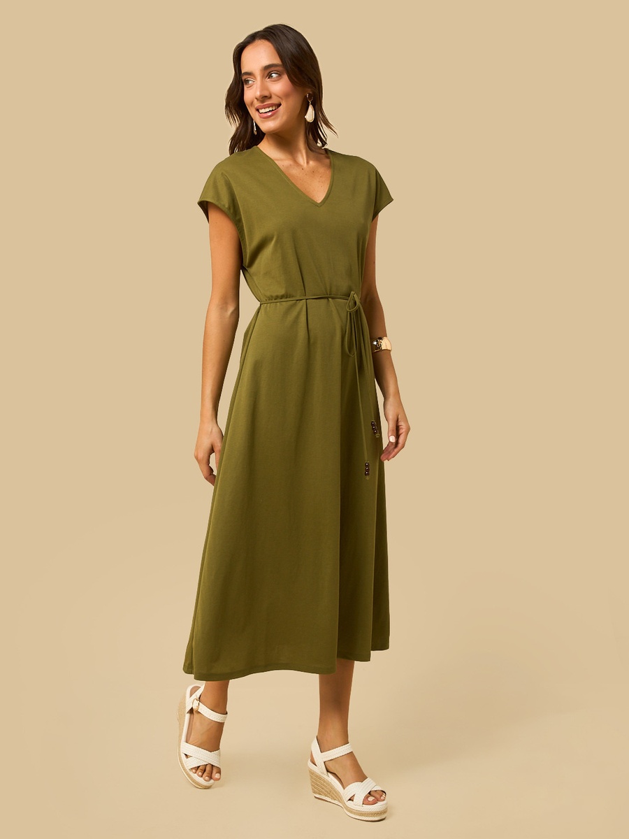 V Neck Belted Midi Dress