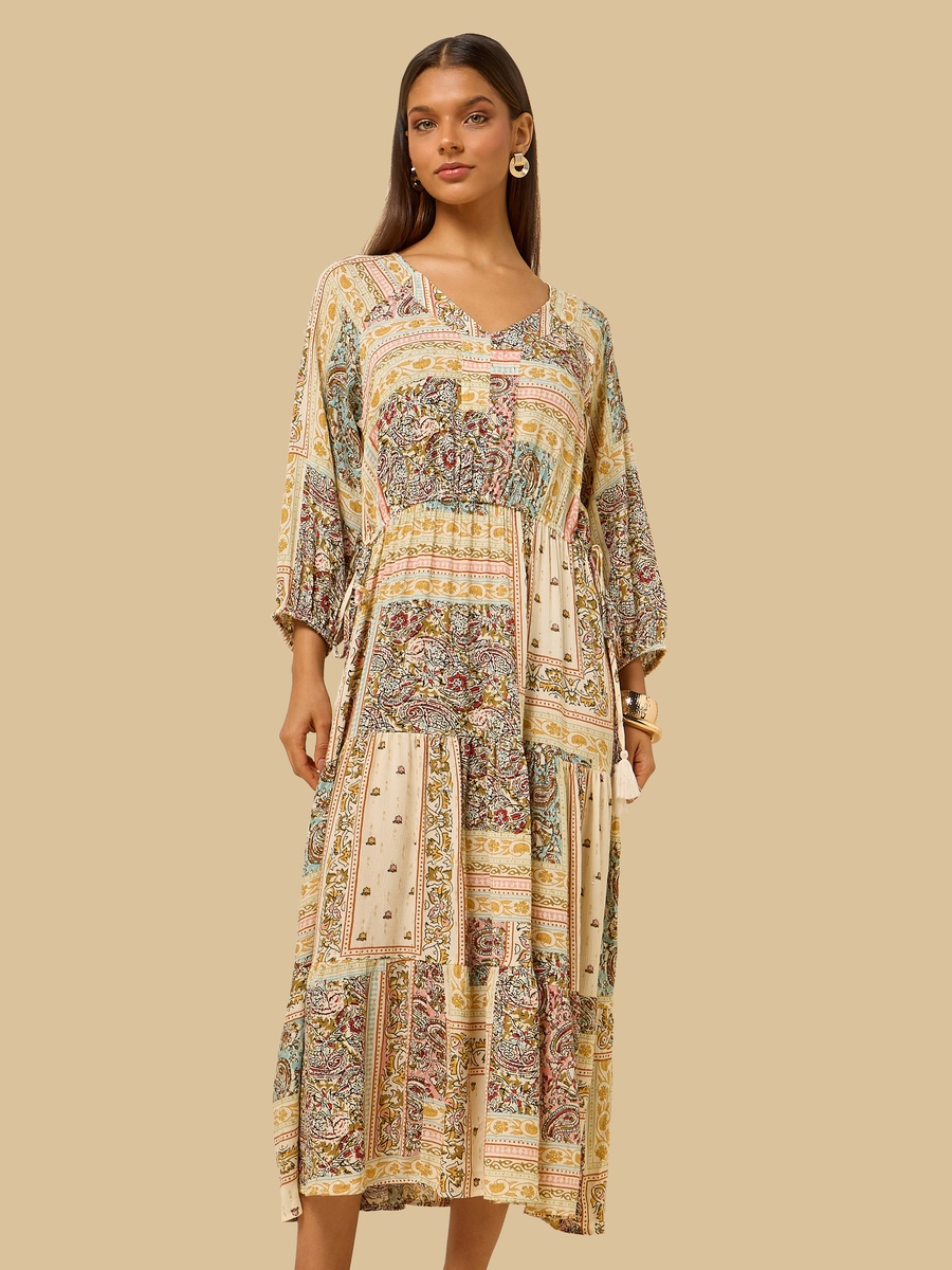 Printed V Neck Dress with Side Tie-Up