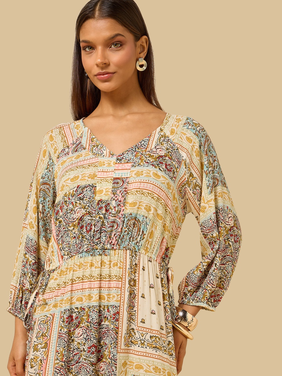 Printed V Neck Dress with Side Tie-Up
