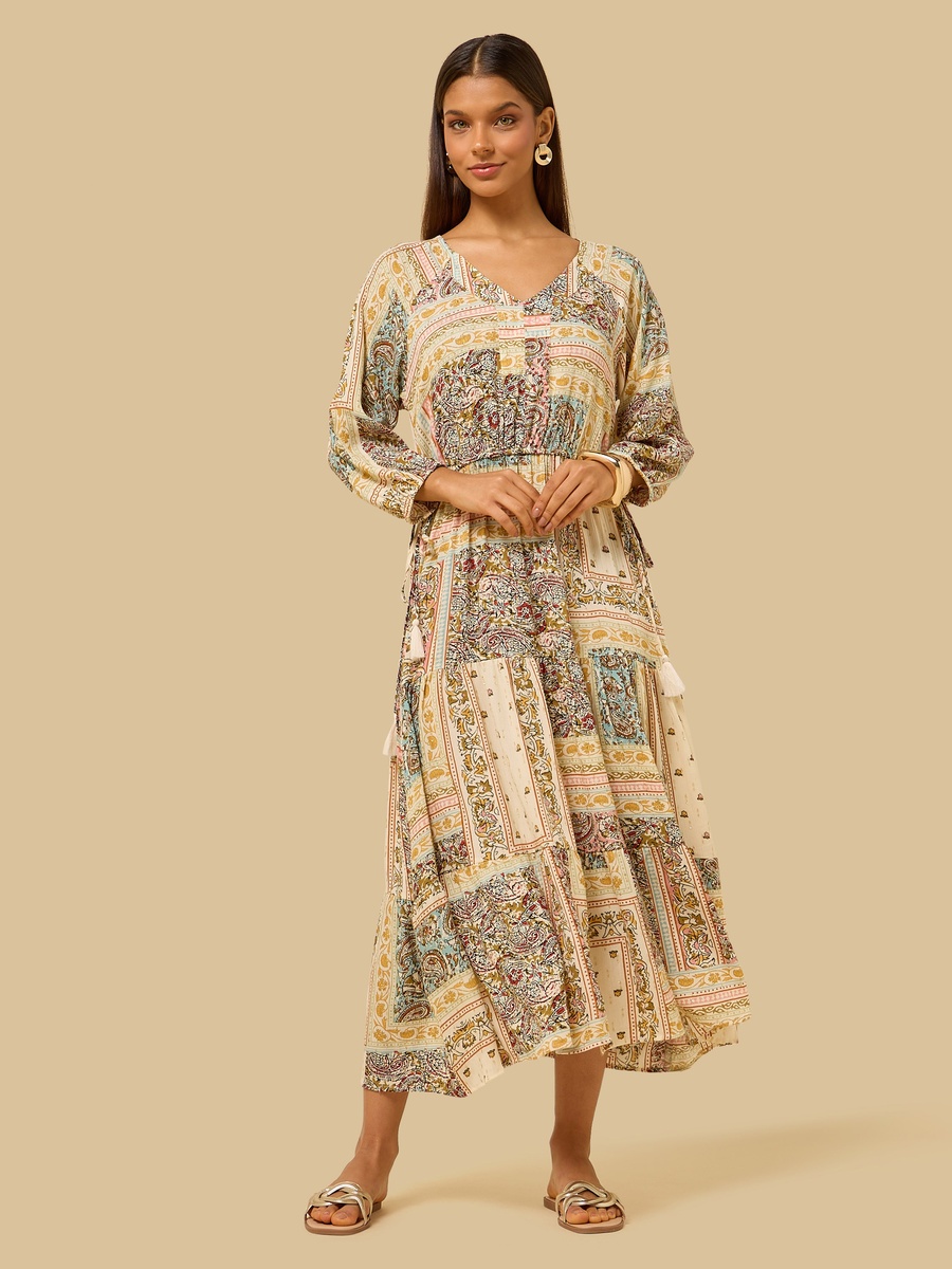 Printed V Neck Dress with Side Tie-Up