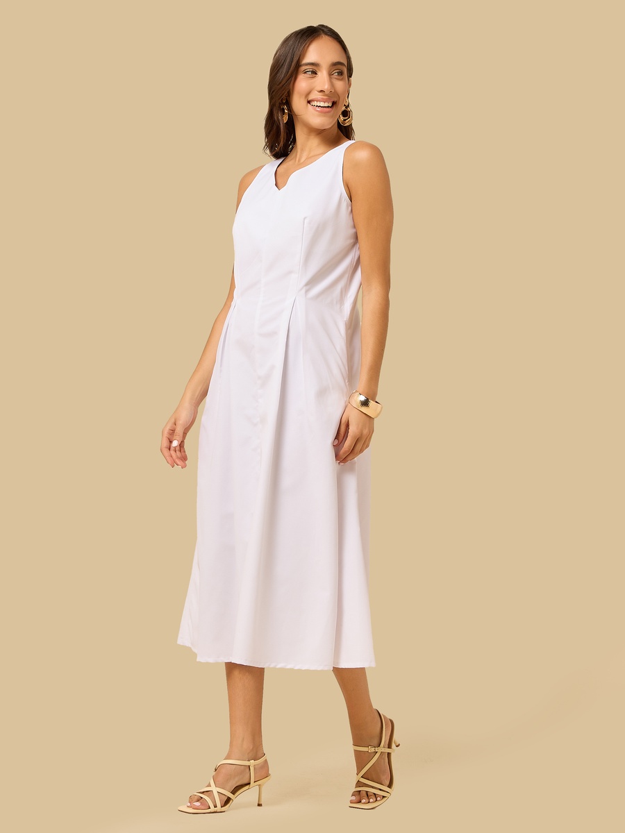 Pleated Poplin Sleeveless Dress with V Neck