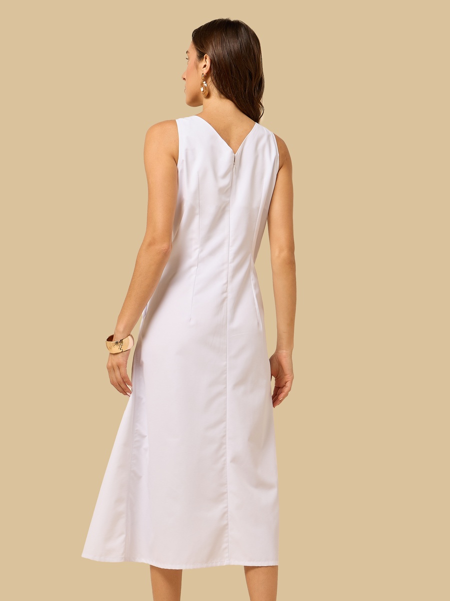 Pleated Poplin Sleeveless Dress with V Neck