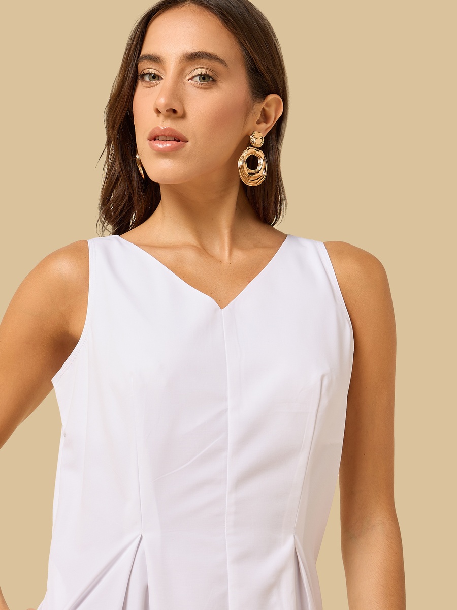 Pleated Poplin Sleeveless Dress with V Neck