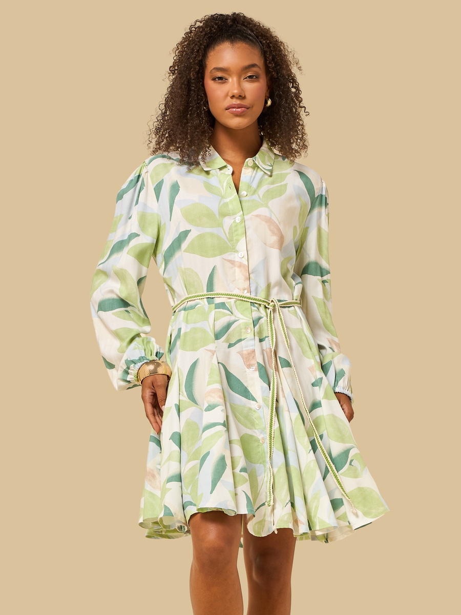 Leaf Print Godet Shirt Dress with Tie-Up