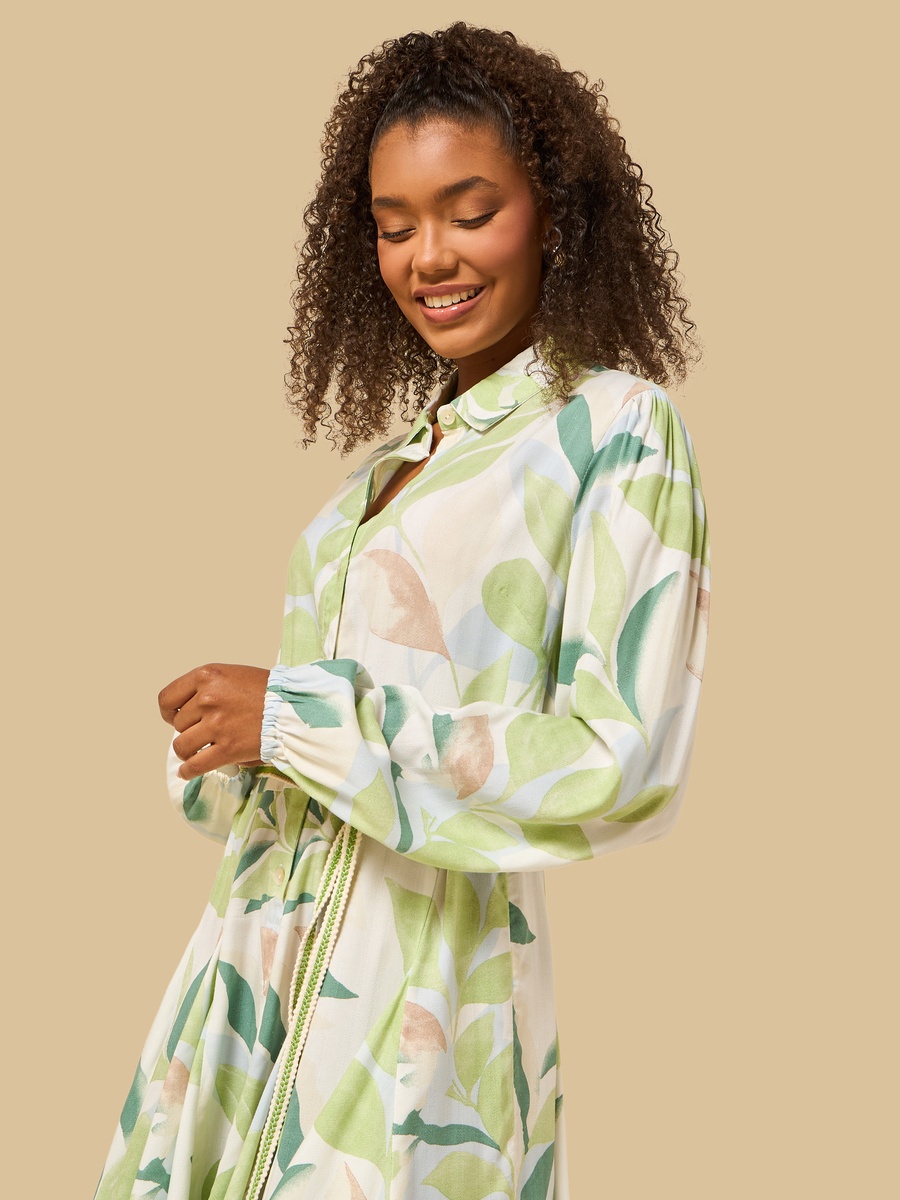 Leaf Print Godet Shirt Dress with Tie-Up