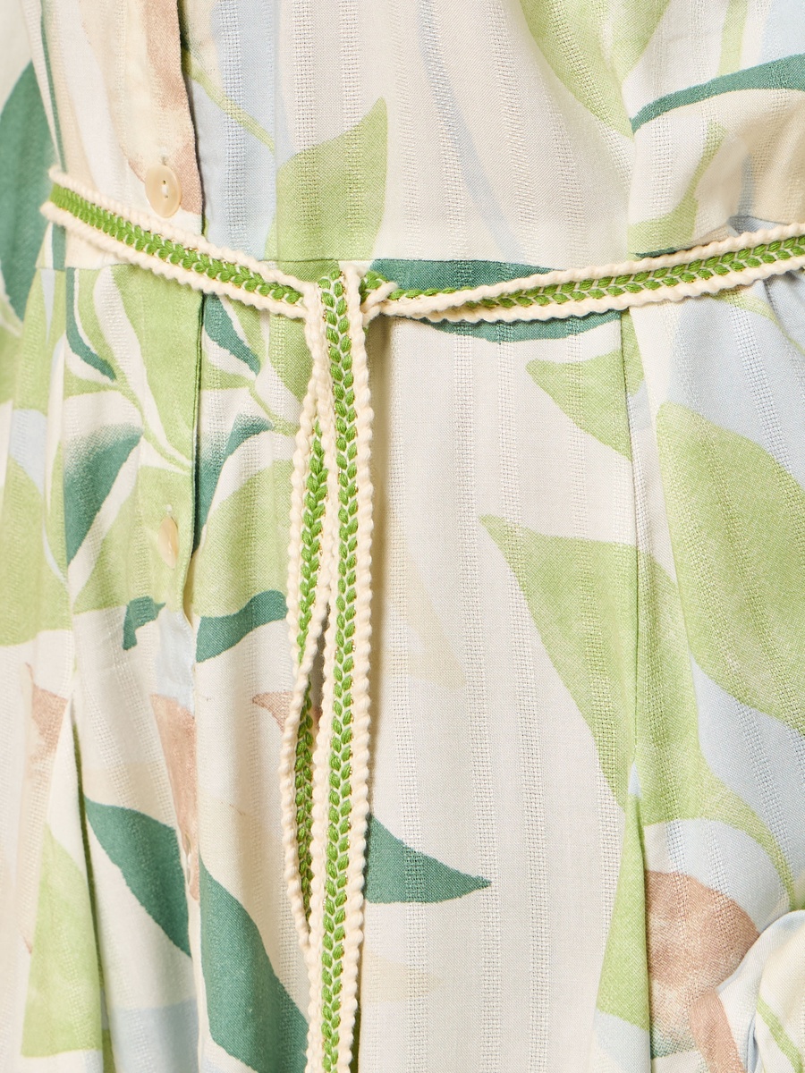 Leaf Print Godet Shirt Dress with Tie-Up