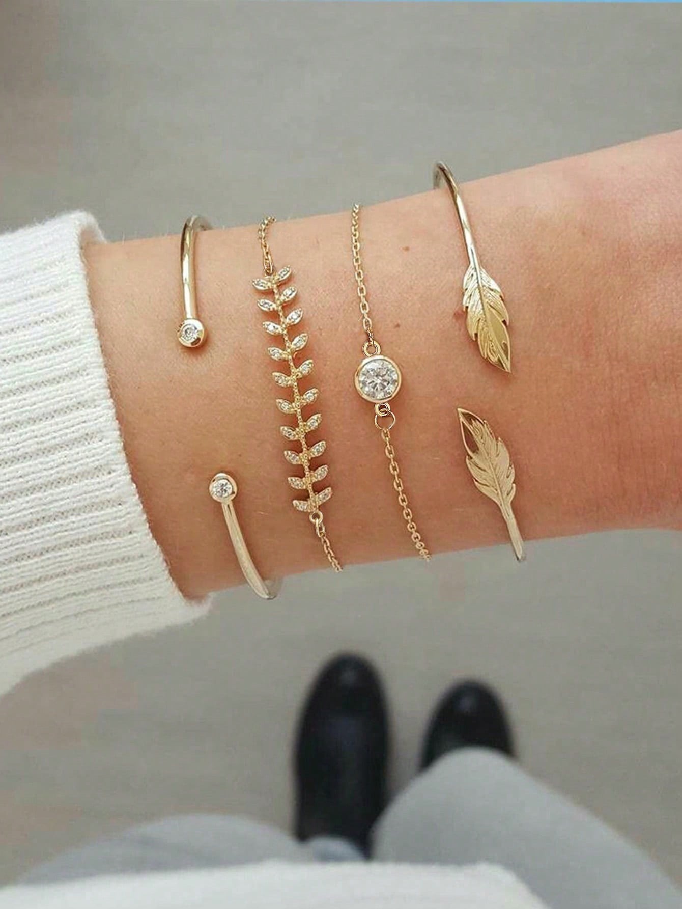 Gold Leaf and Diamond Cuff Bracelet Set (4-Piece) - Casual Wear.