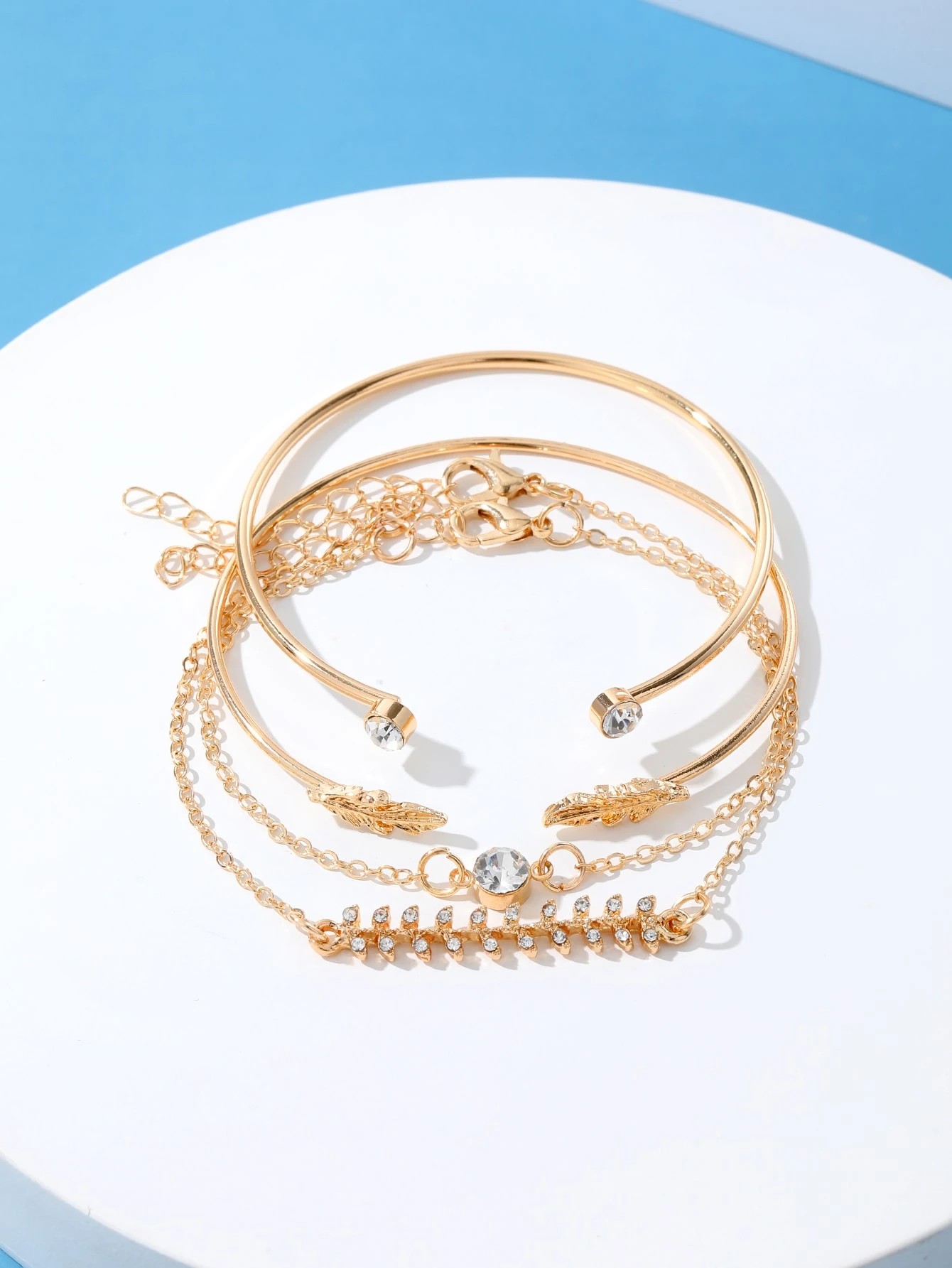 Gold Leaf and Diamond Cuff Bracelet Set (4-Piece) - Casual Wear.