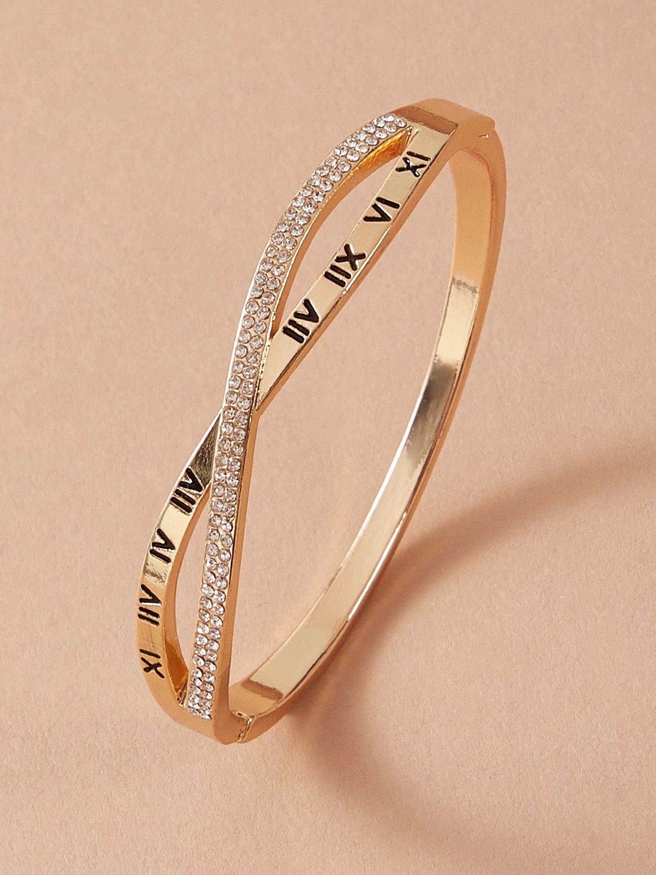 Gold Roman Numeral and Rhinestone Bangle Bracelet.