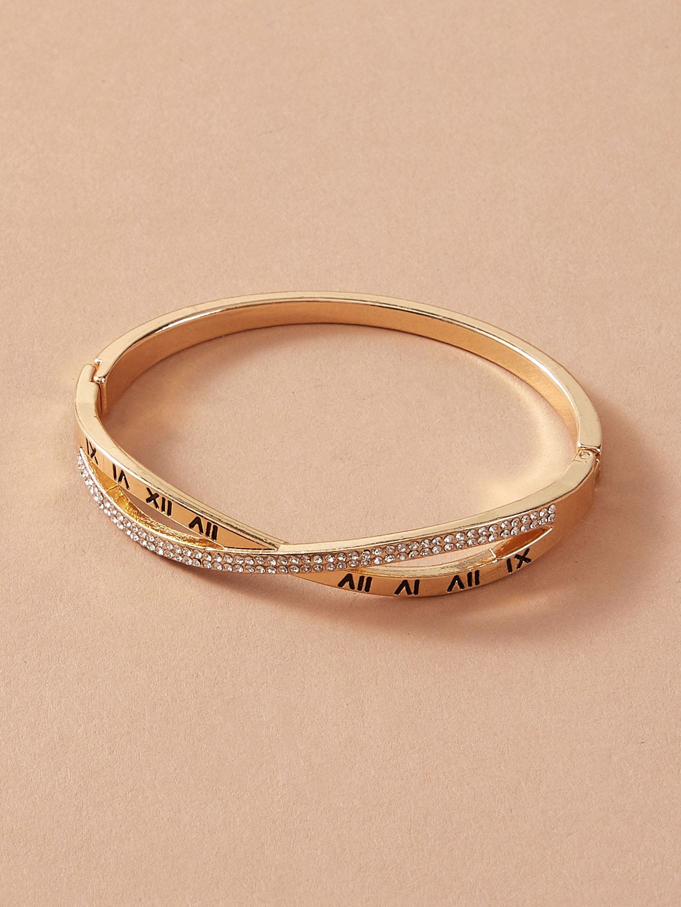 Gold Roman Numeral and Rhinestone Bangle Bracelet.