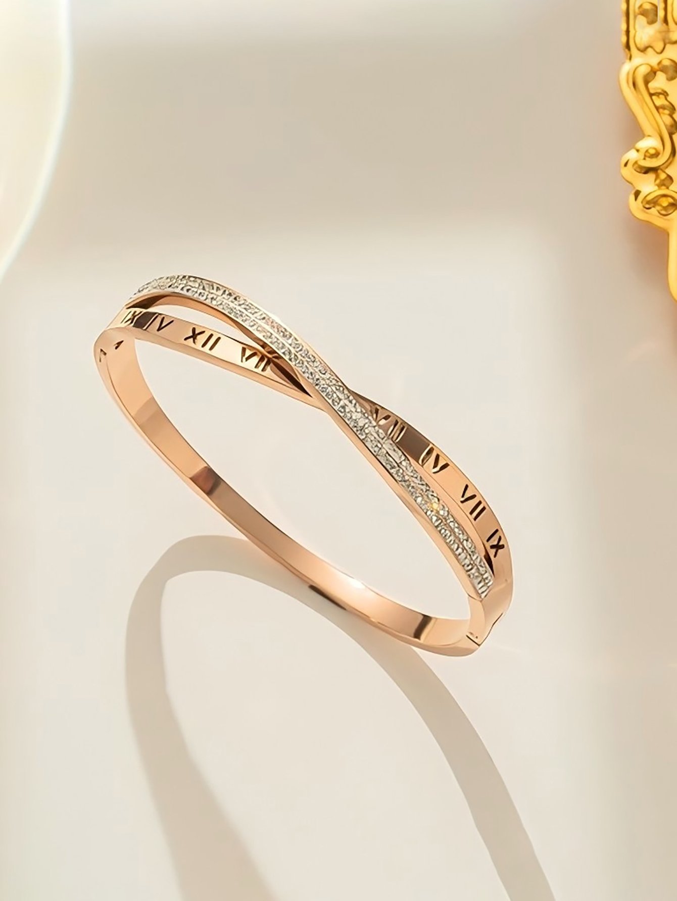 Gold Roman Numeral and Rhinestone Bangle Bracelet.