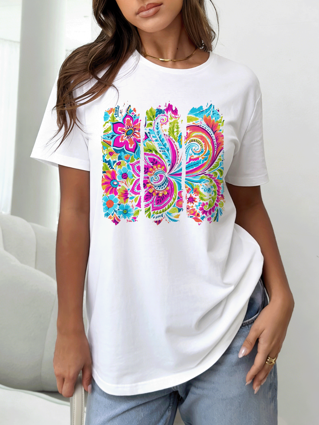 White Floral Print Round Neck T-Shirt