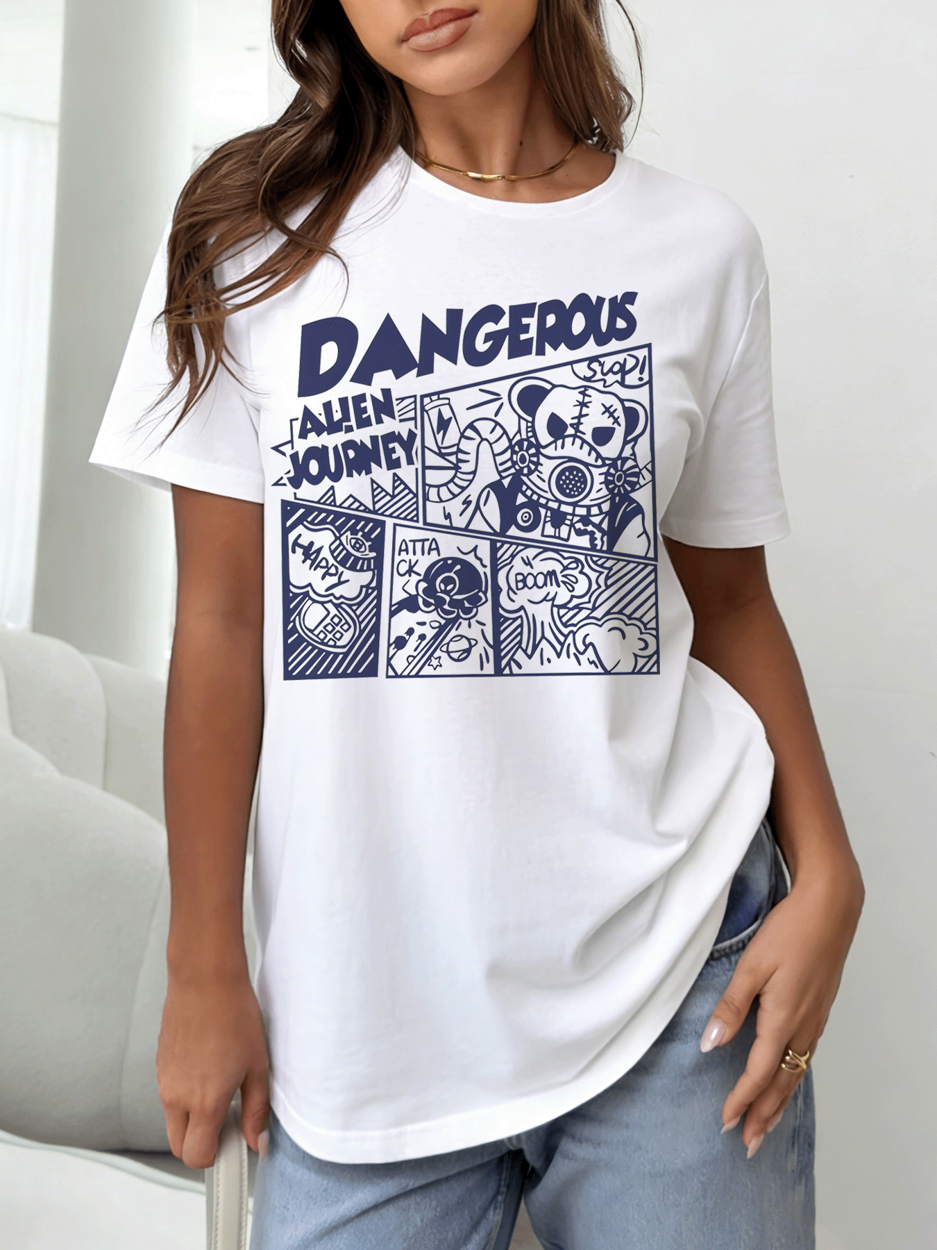 White Graphic Print Round Neck T-Shirt