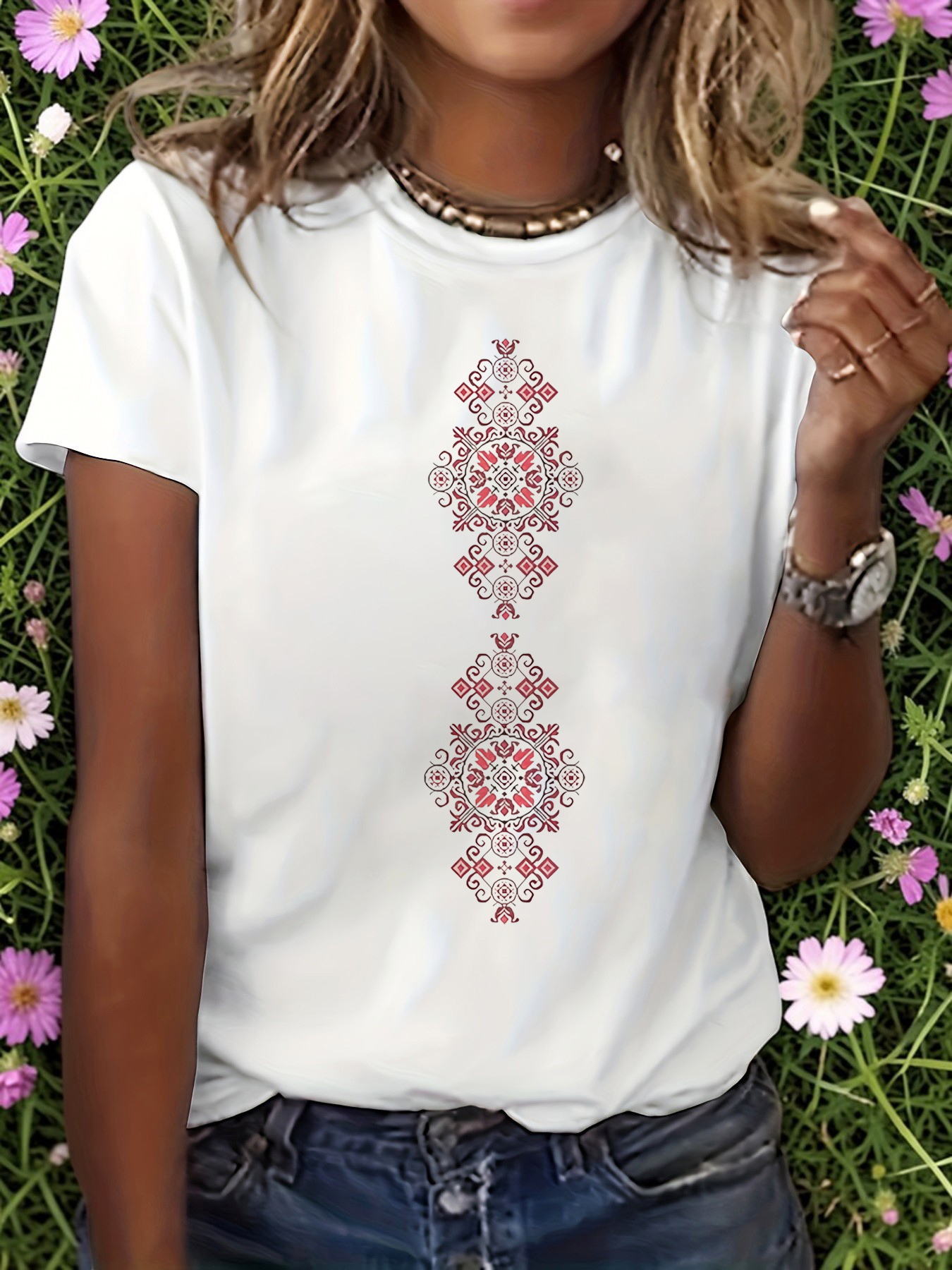 White Graphic Print Round Neck T-Shirt